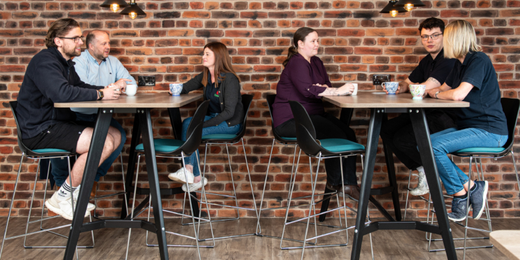 People interacting on breaks through different departments